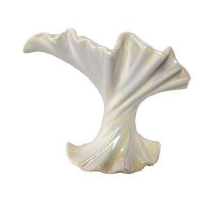 White Iridescent Flower Vase Signed Rush Low Swirl Ruffled Edge